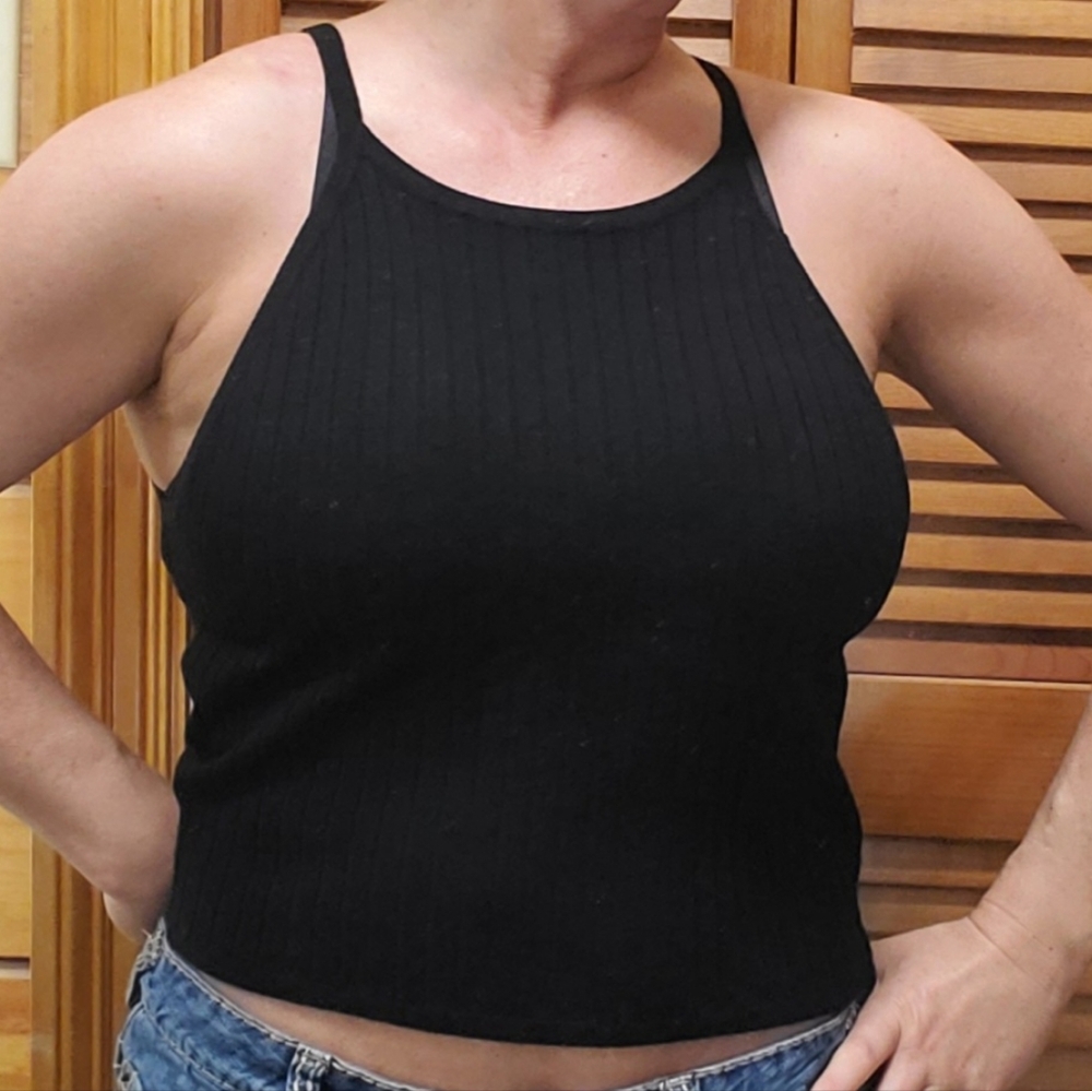 Black Cotton Blend Cropped Tank Top